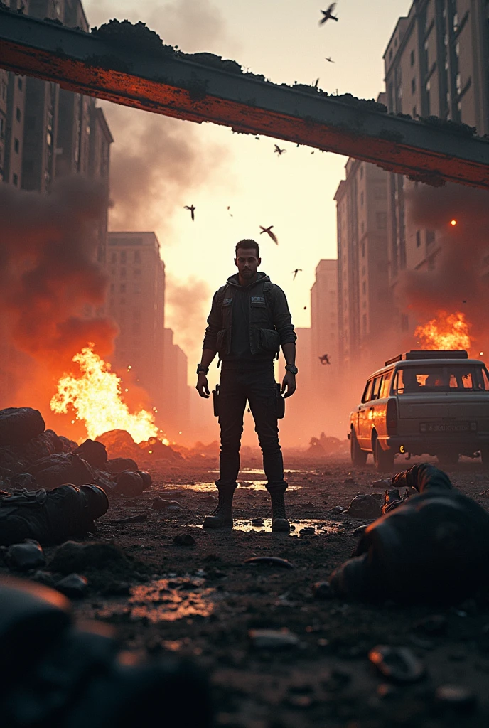 create an image  with free fire character standing behind frame infort of that character full explosion & distruction & people die bombs explode cars & guns evrything explode in ahorizental frame 
