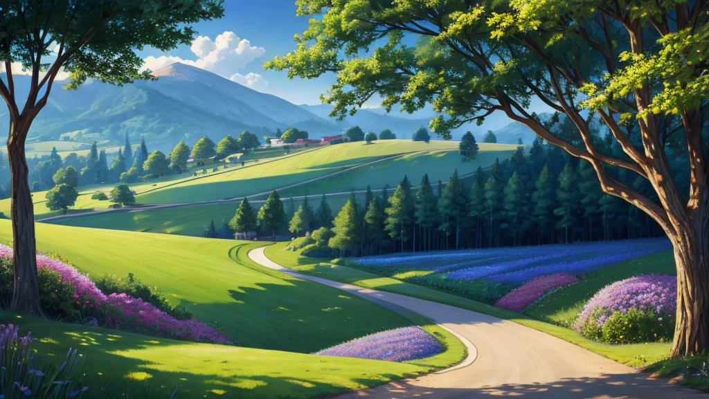 landscape mural, a tree of lapis lazuli semiprecious stones, rolling hills, strong visual flow