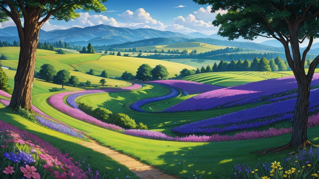 landscape mural, a tree of lapis lazuli semiprecious stones, rolling hills, strong visual flow