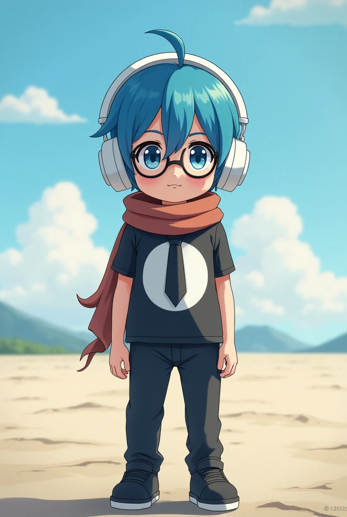 Blue hair,black tshirt in middle big part white,white big headphone,black shoes,black pant,anime,2,boy,blue eye,100 feet,black tie,clayn colour maflar,black circle eye glass