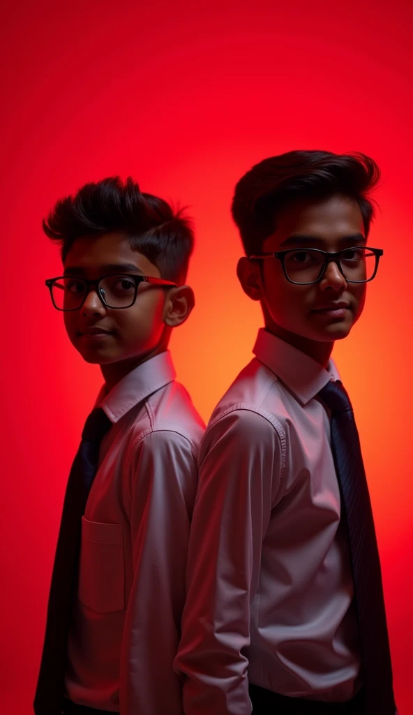 2 indian boy wearing formals and glasses posing for linked in Red light in background