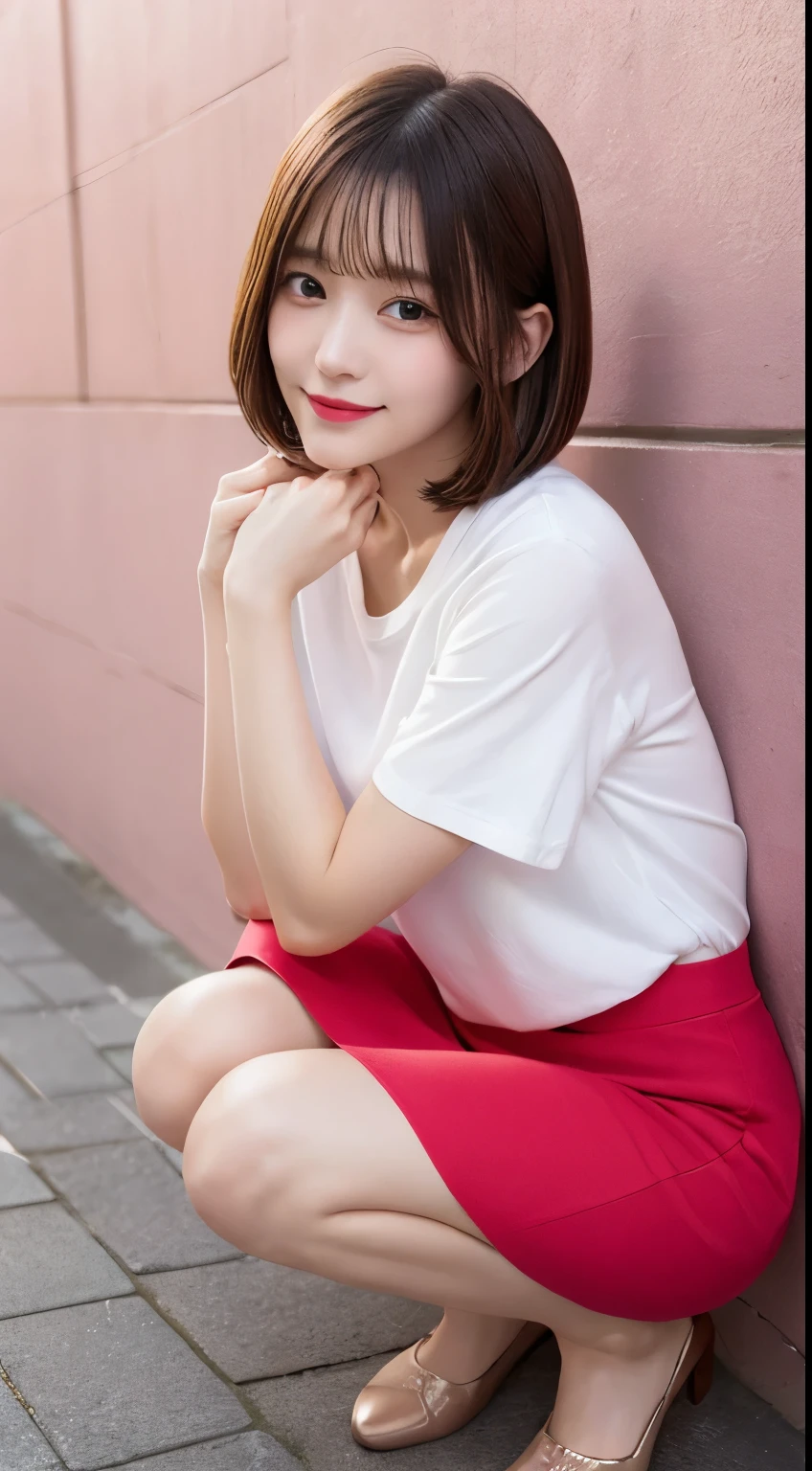 In detail,Full body photo、 smile、High resolution, high quality、Perfect dynamic composition, Beautiful details, blonde、Bobcut、Natural color lip,Kamimei、1 person、1 person、Beautiful Skin、White shirt、Red mini skirt、Thighs、Shiny Hair、最high quality, shape, Very detailed, In detail, High resolution, 8k、The correct state of the human body、Squat、Sculpture model pose，Pink Wall