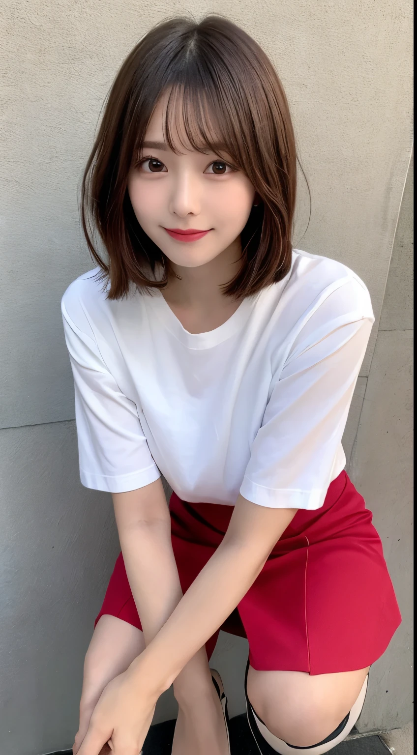 In detail,Full body photo、 smile、High resolution, high quality、Perfect dynamic composition, Beautiful details, blonde、Bobcut、Natural color lip,Kamimei、1 person、1 person、Beautiful Skin、White shirt、Red mini skirt、Thighs、Shiny Hair、最high quality, shape, Very detailed, In detail, High resolution, 8k、The correct state of the human body、Squat、Sculpture model pose，Pink Wall