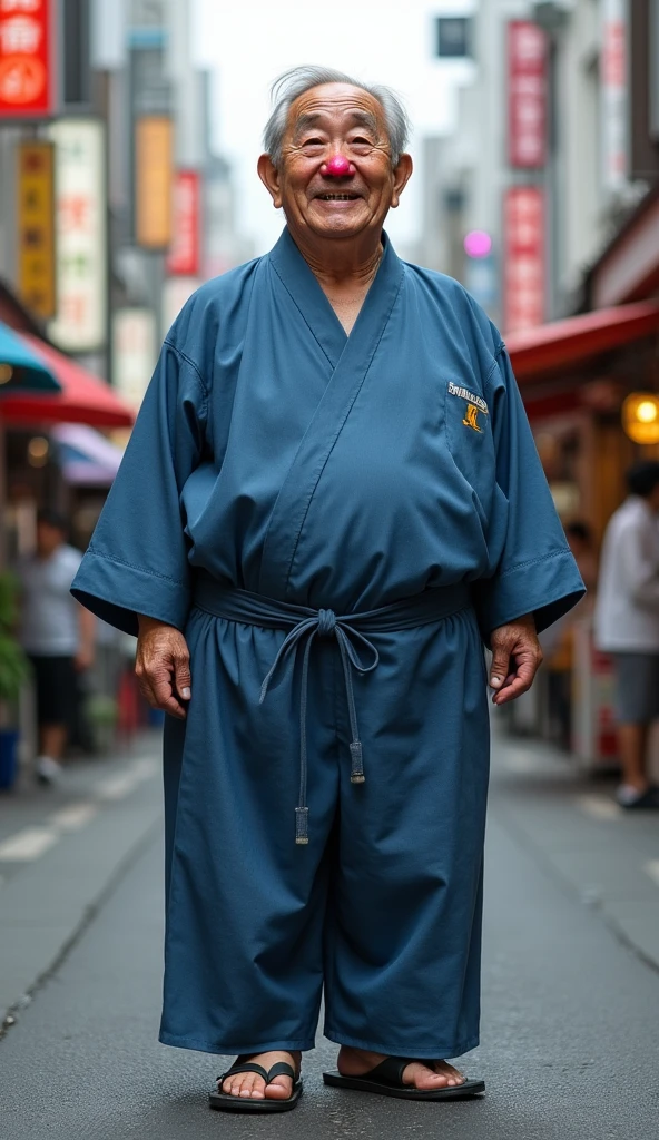 High resolution, masterpiece,Standing in front、In the whole body frame、Japanese、old man、Very short stature、Wrinkle、Thinning gray hair、Blushing, A charming face、Very obese body type、Chubby face、Wearing a blue Japanese yukata、Wearing geta、Background Japan Shinjuku、get drunk, Nose bright red, Smiling with teeth showing,