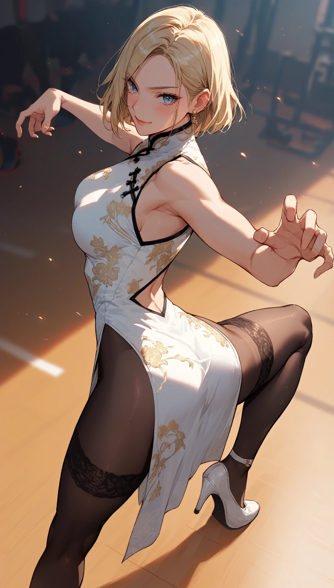 score_9, score_8_up, score_7_up, score_6_up, 1girl, (score_9, score_8_up:1.1), score_7_up, medium blonde hair, straight hair, parted hair, Blue eyes, pale skin, back view, White lace cheongsam, （Gold thread embroidered black silk tights 1.2)，White garter belt，Lace-up high heels，shoes focus，(Shortening perspective:1.5) earrings, detailed Digital Universe background, training with a katana,(dynamic pose:2.5), standing up, side angle view, blush smile,