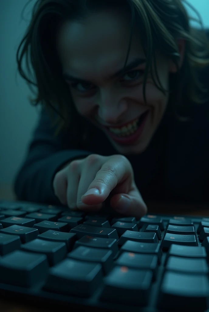 (best quality,4k,8k,highres,masterpiece:1.2),ultra-detailed,(realistic,photorealistic,photo-realistic:1.37),close-up shot,finger touching large computer keyboard,evil grinning facial half shoot mouth expression,ominous dark setting,POV from finger pointing at camera showing half evil face,keyboard in foreground,dramatic lighting