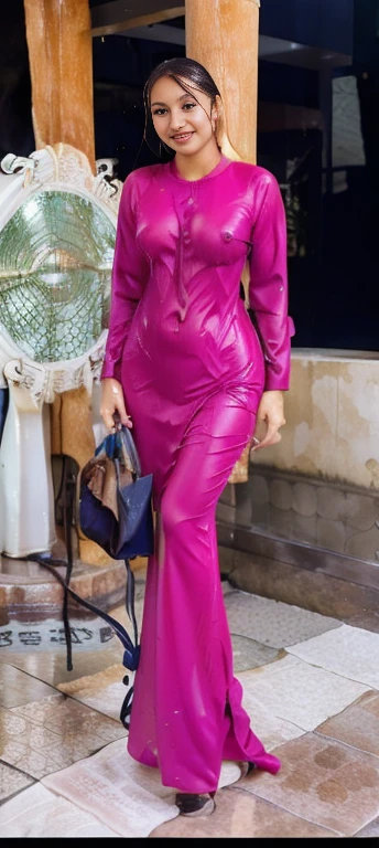 Malay women, wearing a modern Muslim hijab wet kebaya, wet dripping clothes, all covered, big breasts, perfect body, big thighs, small hips, smile