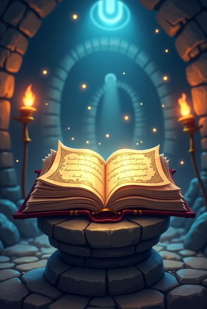 An ancient, ornate book of spells open on a pedestal or ancient stone, with glowing runes and magical symbols clearly visible.
Use high resolution cartoon