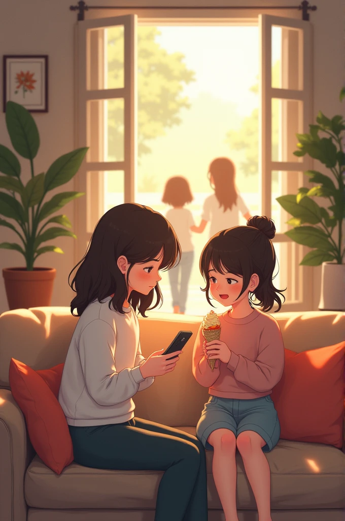 The elder sister and her younger sister are sitting at home eating. In the background, there are people coming to the house to look at the house decoration. The younger sister is  and holding an ice cream in her hand. The elder sister is looking at her mobile phone.