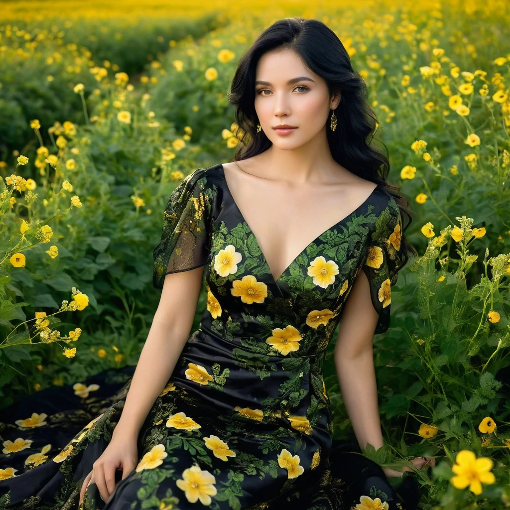 high camera angle, creative photography, a beautiful woman, a faint smile on her face, black hair flowing naturally. she wore a black brocade dress with a yellow flower pattern. sitting gracefully in a field of lush green leafed europhia flowers. golden hours, highest resolution, masterpiece, high detail clothing,