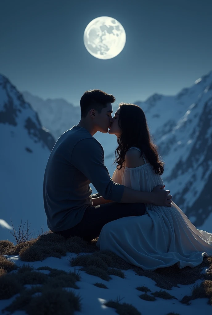 (photorealism:1.2), couples sitting on a mountain, kissing each other and watching moon