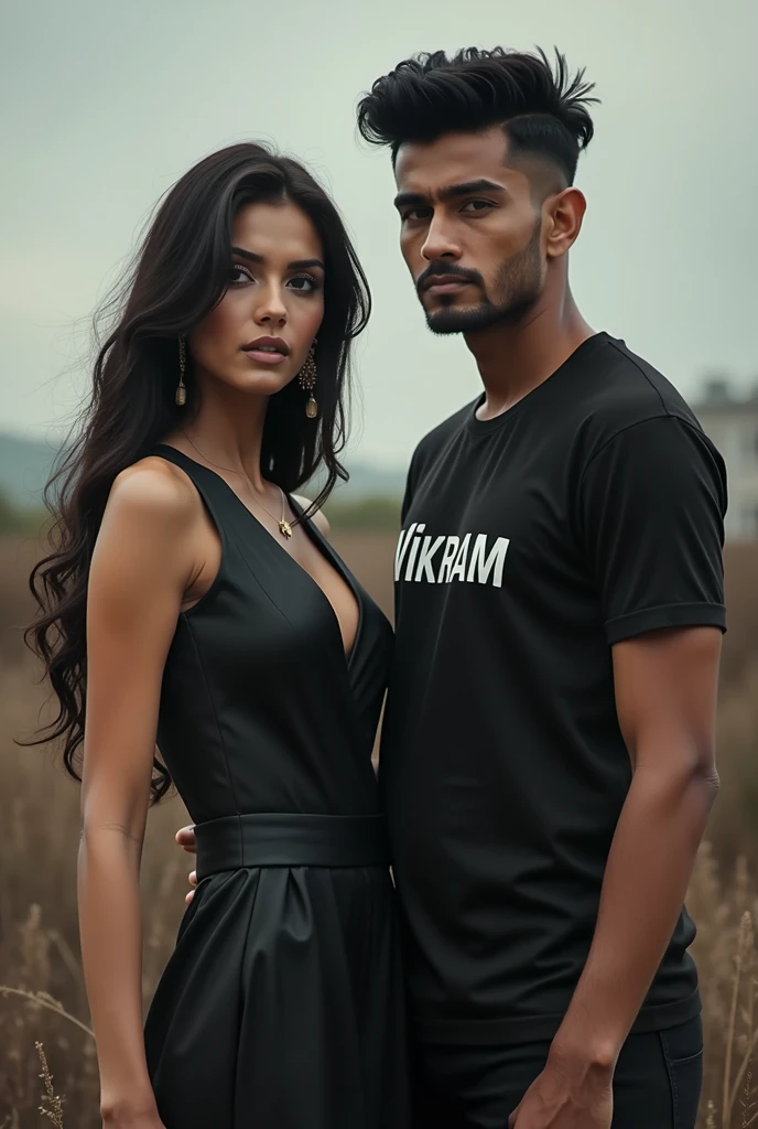(phot a hotgirl standing with man who wearing a t-shirt of name Vikram