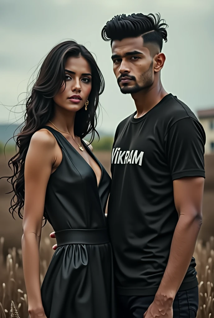 (phot a hotgirl standing with man who wearing a t-shirt of name Vikram