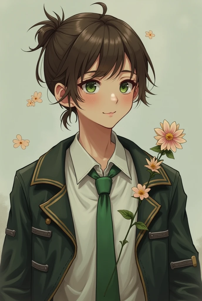 And change, Brown ponytail, White skin, Small man, Green Eyes, masterpiece, punk jacket, White shirt, Green tie, Open shoulders, Sleeves are open, A light smile, flower, quiet, Suppressed, (Concept Art)