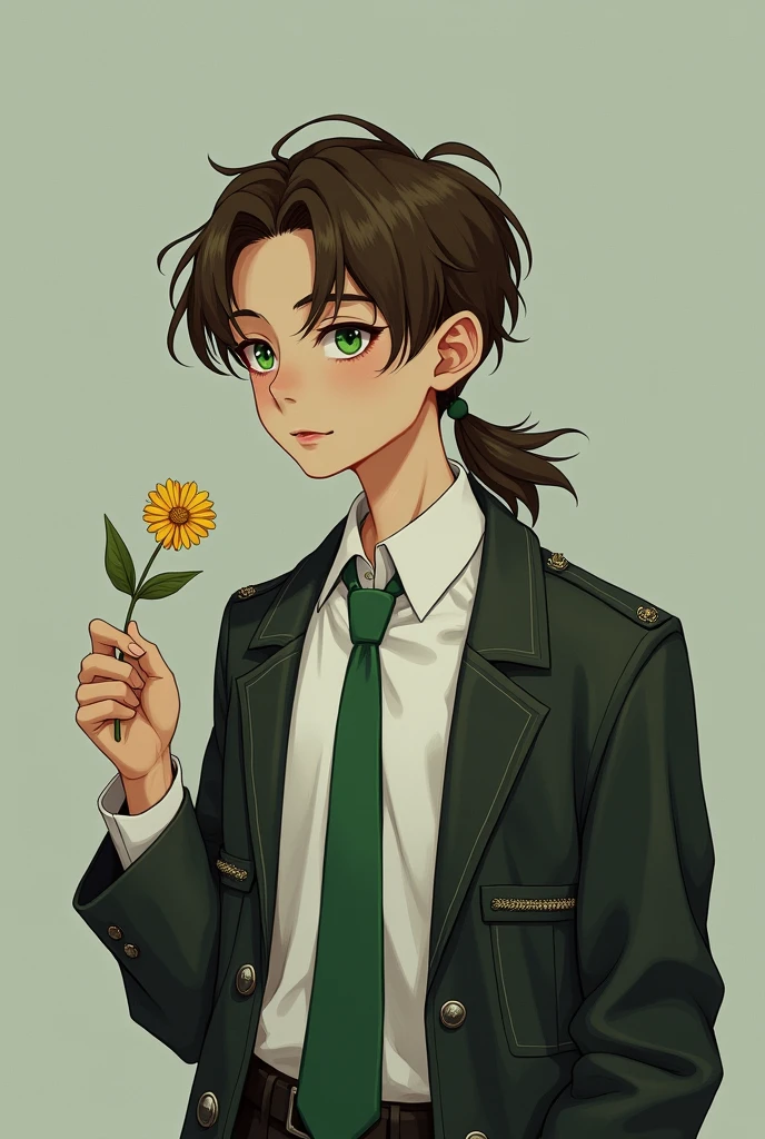 And change, Brown ponytail, White skin, Small man, Green Eyes, masterpiece, punk jacket, White shirt, Green tie, Open shoulders, Sleeves are open, A light smile, flower, quiet, Suppressed, (Concept Art)