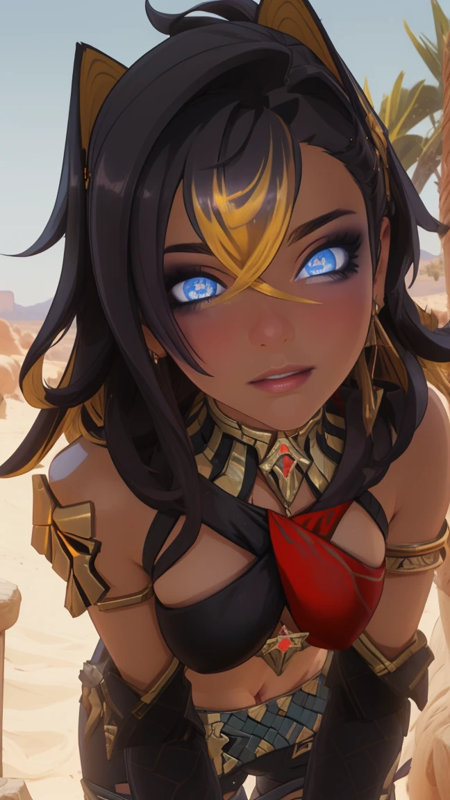 (masterpiece:1.2), best quality, high resolution, unity 8k wallpaper, (illustration:0.8), (beautiful detailed eyes:1.6), extremely detailed face, perfect lighting, extremely detailed CG, (perfect hands, perfect anatomy), leaning forward showing her chest, sexy, NSFW, blush, looking at viewer, small boobs, sexy pose, (in a twilight oasis), (ancient desert)