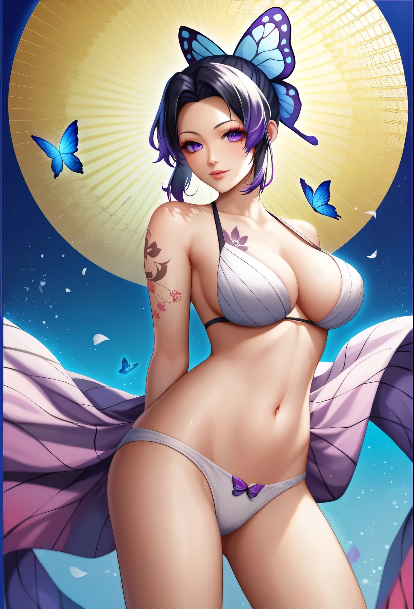 A mesmerizing surreal illustration of a young japanese woman resembling Shinobu Kouchou. She has black hair, purple eyes, a butterfly hair ornament, and wears a vibrant pastel colored outfit adorned with intricate floral patterns. She has a smooth, warm complexion, and bold, colorful tattoos cover her arms and legs. The tattoos feature traditional Japanese motifs like flowers and mythical creatures, rendered with meticulous detail in a pastel color palette. The background is a vintage floral-patterned wallpaper that complements the artwork's colors. The line work is precise, with delicate shading that gives the illustration a 3D quality. The artwork fuses modern illustration techniques with traditional Japanese aesthetics, resulting in a visually striking, portrait, Shinobu_Kocho, butterfly_hairpiece, multicolored_hair, purple_hair, black_hair, large breasts, slender, arms behind back, white panties, 
