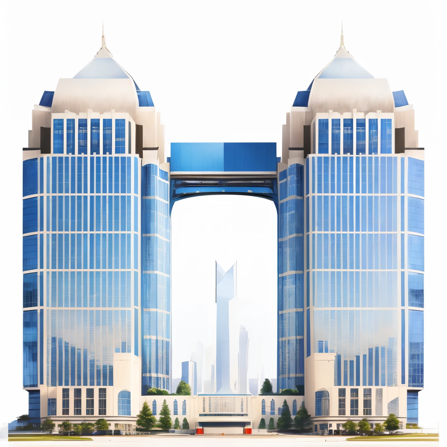 There is a large building,It has a blue and white pattern on it, Realistic buildings, Skybridge Tower, Building exterior, Realistic architecture, An elegant bridge between towers, Architectural renderings, Extremely detailed architecture, super high-rise buildings, Realistic huge buildings, the building is a skyscraper, Front view, High-quality rendering, cinematic architectural scale, elegant walkways between towers