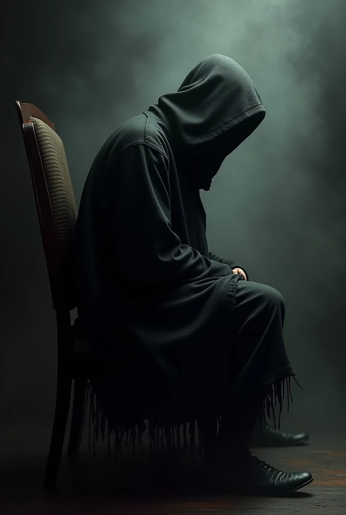 A profile picture of a dark hooded man in a chair facing the front, leaning over