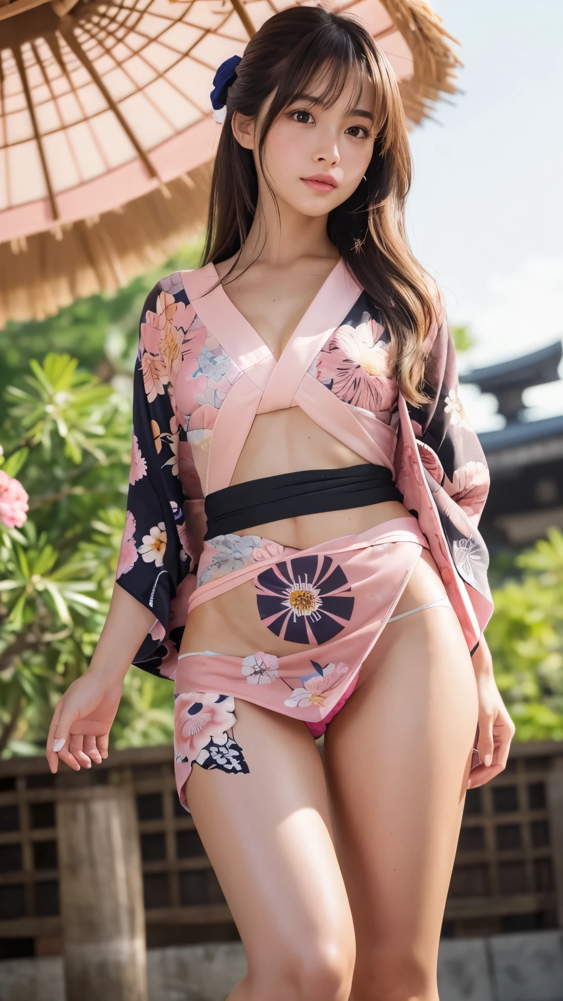 masterpiece, Highest quality,Very detailed,High resolution,(Realistic,photoRealistic:1.37),Excellent anatomy,One beautiful woman,1,Sexy Idol,(((Focus on the thighs:1.5))),(((No underwear:1.6))),A small smile,(((Sexy and cute floral pattern, pink, super mini length yukata:1.5))),(((Super short pink kimono print mini skirt))),((Very delicate and beautiful)),(Background of the summer festival:1.3),Brown Hair,Long Hair,bangs, Floating Hair NovaFrog Style,Very beautiful face,Cute type,Baby Face,Big Natural Color Lip,Big and pretty eyes,Brown eyes,Obvious double,Small and cute nose,Brown eyes,Shiny highlight spots around the eyes,Character Focus,Tilt your head,The best light,Best Shadow,Mysterious perfect face,Very detailed,Soft Skin,(Glowing Skin, Sweaty:1.3)'Beautiful feet, Voluptuous thighs,Plump body,Huge breasts,(Expressing the roundness and softness of the chest),Beautiful body,(The perfect woman)