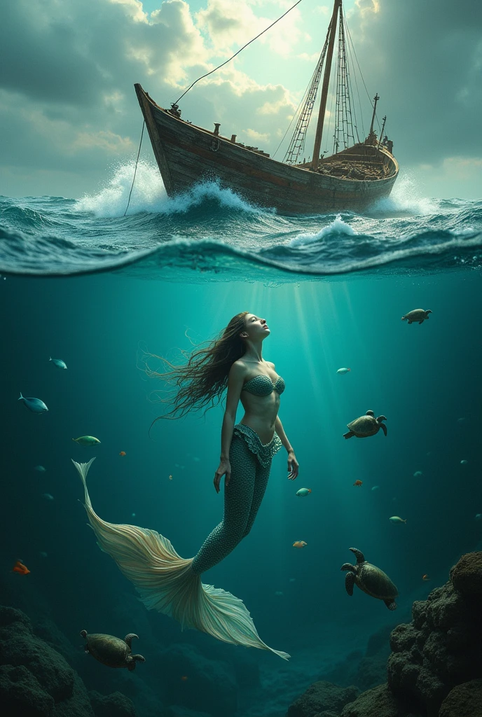 Mermaid in the depths of the sea surrounded by fish and turtles, above an old wooden boat faces a storm 