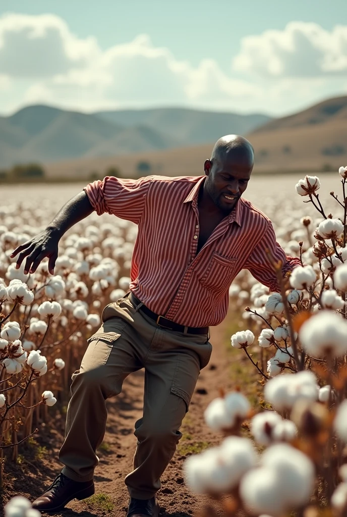 A bald black man wearing a red and white shirt and brown pants went to pick cotton. He looked ugly and tripped and fell in the middle of the cotton.