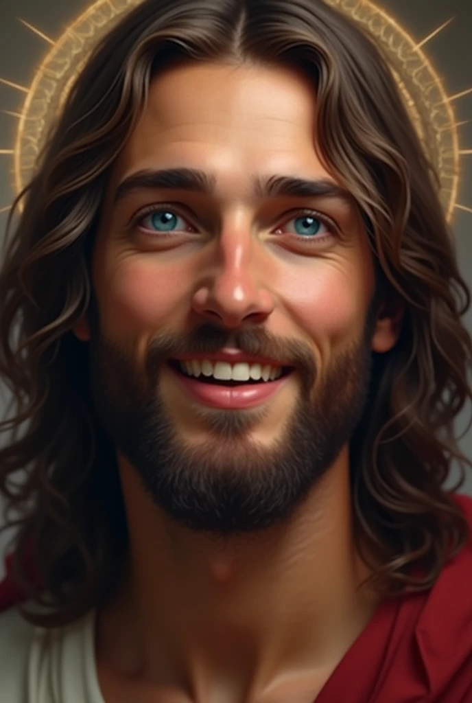 Lord Jesus close up half body jewish smile shining bright blue eyes