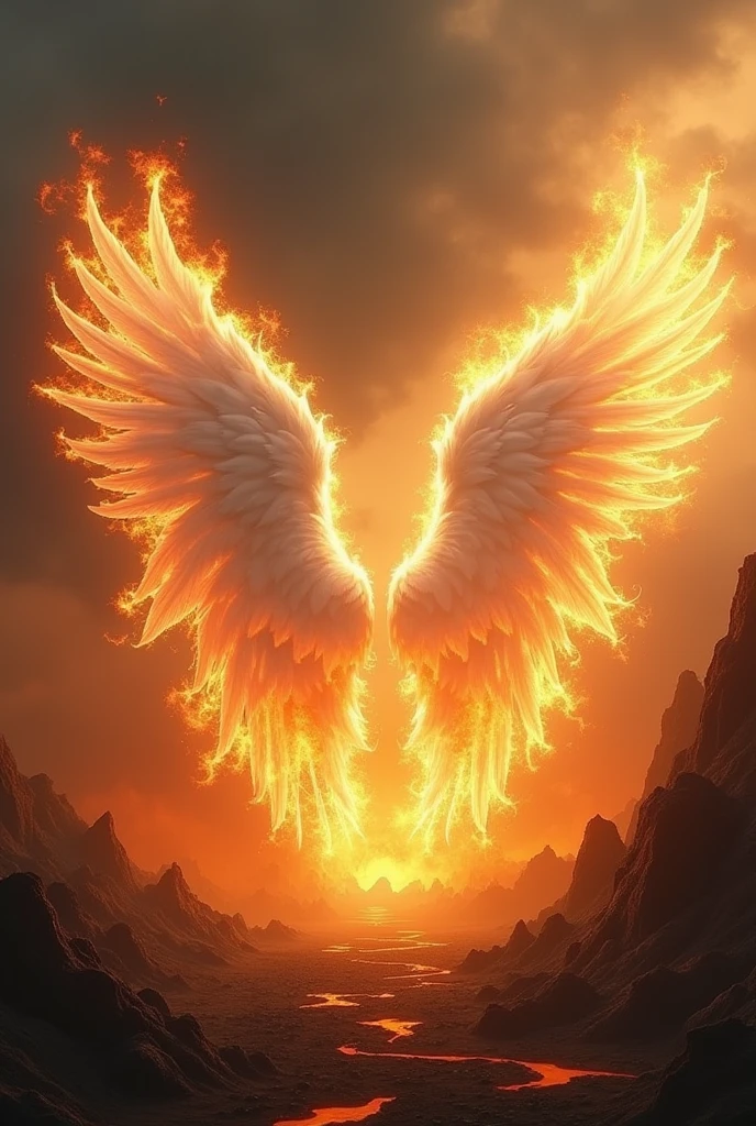 Long white angle wings on fire landscape 