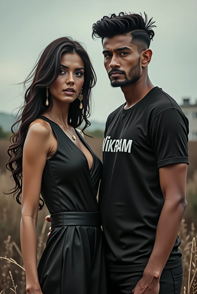 (phot a hotgirl standing with man who wearing a t-shirt of name Vikram 
