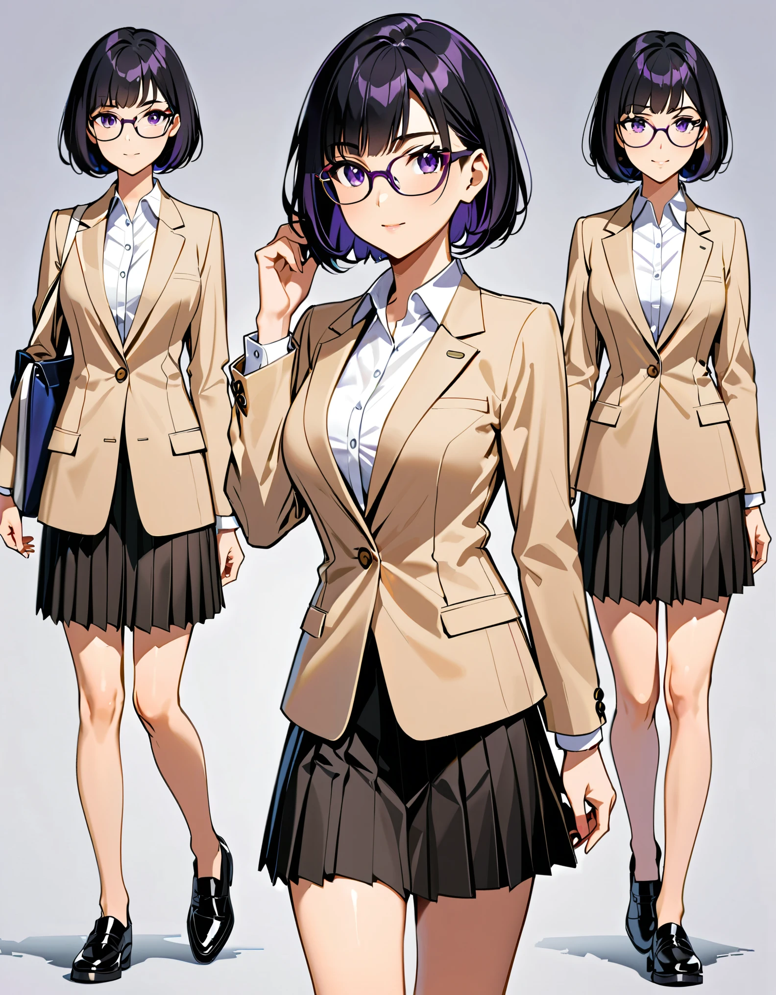 (masterpiece), (best quality), (medium breasts), solo, (jet black hair, short hair, bob hair, purple eyes, bangs), solo, solo focus, walking, beige suit jacket, glasses, white shirt, collared shirt, black pleated skirt, matching black shoes, (perfect hands, perfect anatomy), cowboy shot, superhero, ((beautiful detailed eyes)). Same height, Multiple Views, Character Sheet Full-Length.