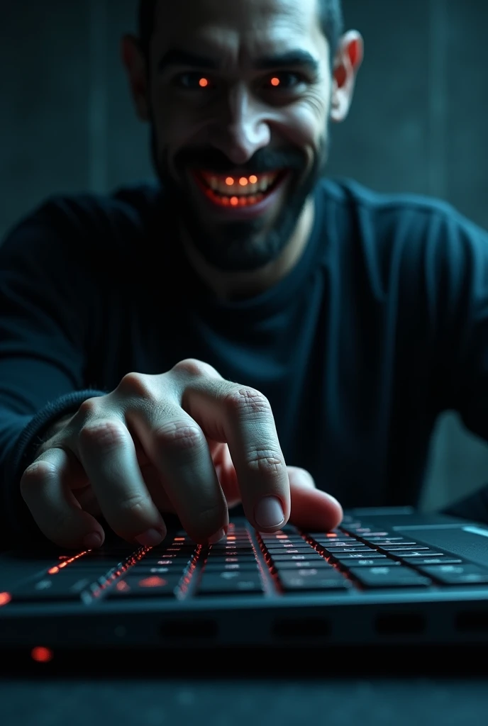 a man's finger touching a large computer keyboard, evil smile, dark background, POV from finger showing half of smiling evil face, detailed facial features, chiaroscuro lighting, photorealistic, 8k, ultra-detailed, cinematic, dramatic angles