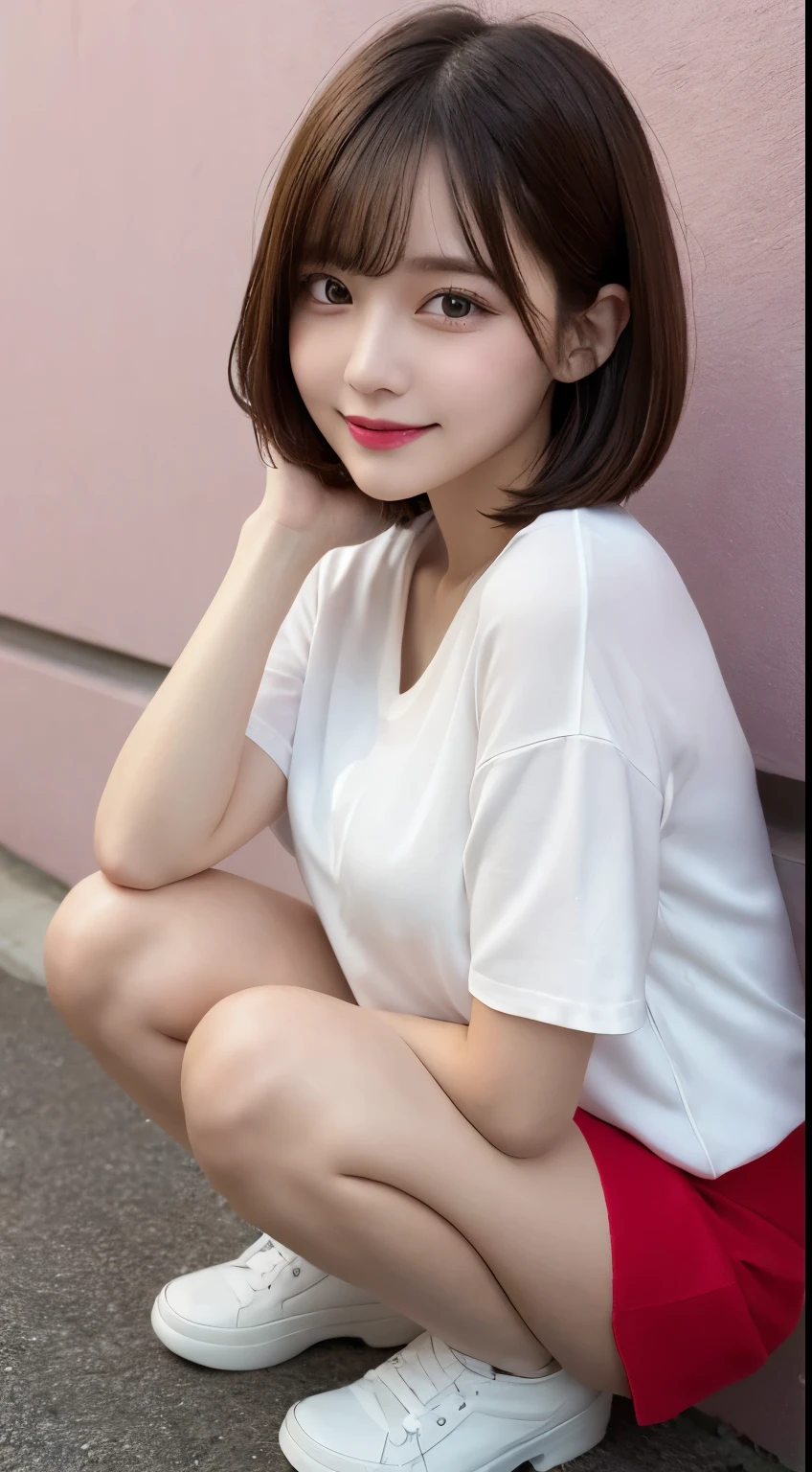 In detail,Full body photo、 smile、High resolution, high quality、Perfect dynamic composition, Beautiful details, blonde、Bobcut、Natural color lip,Kamimei、1 person、1 person、Beautiful Skin、White shirt、Red mini skirt、Thighs、Shiny Hair、最high quality, shape, Very detailed, In detail, High resolution, 8k、The correct state of the human body、Squat、Sculpture model pose,Pink Wall