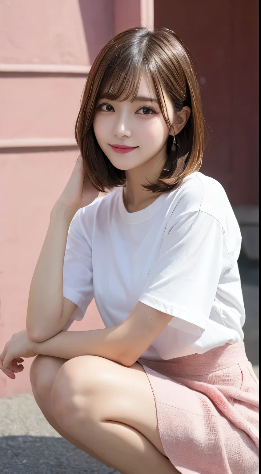 In detail,Full body photo、 smile、High resolution, high quality、Perfect dynamic composition, Beautiful details, blonde、Bobcut、Natural color lip,Kamimei、1 person、1 person、Beautiful Skin、White shirt、Red mini skirt、Thighs、Shiny Hair、最high quality, shape, Very detailed, In detail, High resolution, 8k、The correct state of the human body、Squat、Sculpture model pose，Pink Wall