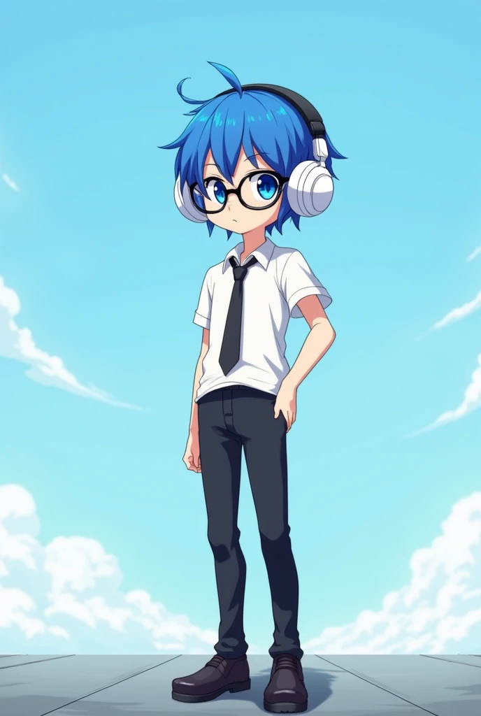 Blue hair,white tshirt ,white,white big headphone,black shoes,black pant,anime,2,boy,blue eye,100 feet,black tie,clayn maflar,black circle eye glass,outwear black