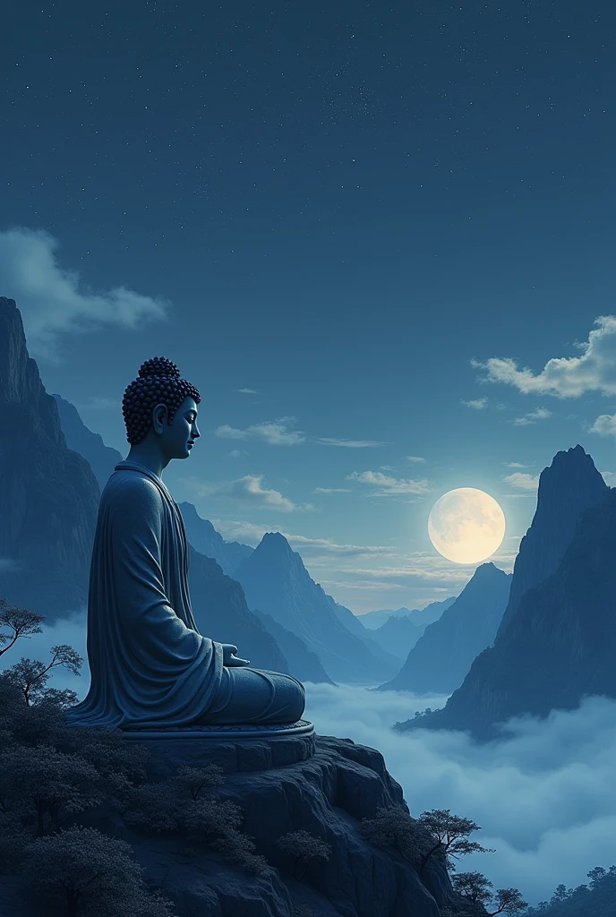 best quality, masterpiece, (Slender Buddha statue)、(Sitting)、(Profile of a Buddha statue)、(from side)、Wear a robe、(Sumi-e style:1.5)、(Beautiful high mountains々Inside)、(Night Sky)、(Starry Sky:1.5)、(The sky above is deep blue darkness)、(Pale white light)、(Crescent Moon)、(Thin clouds illuminated by the moonlight)、(Background processing to make the Buddha statue stand out)