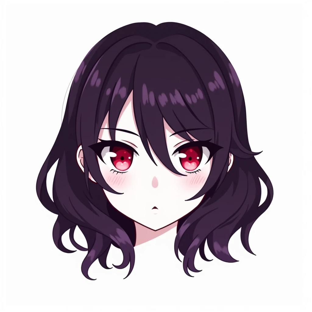 Design a logo that incorporates Rize Kamishiro’s striking features with a white background. Focus on her rich, deep purple hair styled in soft waves, inspired by Tokyo Ghoul. Include her crimson eyes as a key element to emphasize her enigmatic and captivating presence. The design should blend elegance and edge, capturing the essence of her character while maintaining simplicity and visual impact suitable for a logo. Integrate subtle details that reflect her dual nature, balancing beauty and darkness.