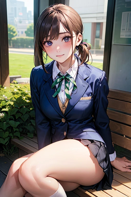 (masterpiece:1.2, Highest quality), (Realistic, photoRealistic:1.4), Beautiful illustrations, (Natural Side Lighting, Cinema Lighting), 
avert your eyes, (Face Focus, Upper Body, From below), 1 person, Japanese, high school girl, , Perfect Face, Perfect body, Symmetrical cute face, Glowing Skin, Baby Face, small, 
(short hair:1.5, (Low Ponytail):1.6, Long sideburns, Light brown hair), Asymmetrical bangs, Dark blue eyes, Big eyes, Saggy breasts, Captivating thighs, Big Ass), 
Beautiful Hair, Beautiful Face, Fine and beautiful eyes, Beautiful clavicle, Beautiful body, Beautiful breasts, Beautiful thighs, Beautiful legs, Beautiful fingers, 
((Cute Uniform, (White School Blazer, Closed blazer), White collared shirt with grey collar, Navy blue box pleated skirt, Purple neck ribbon), emerald green hair ribbon), 
(Beautiful views), evening, (garden), sitting garden bench, Put your hand over your mouth, (blush, 口を開けてsmall), 