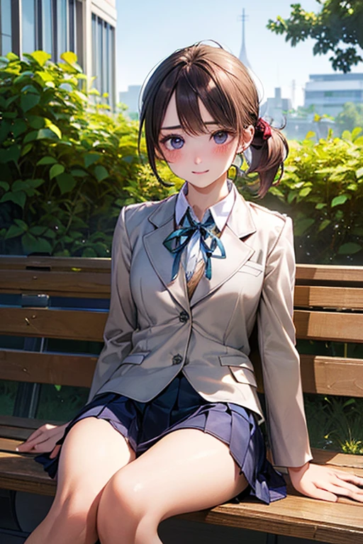 (masterpiece:1.2, Highest quality), (Realistic, photoRealistic:1.4), Beautiful illustrations, (Natural Side Lighting, Cinema Lighting), 
avert your eyes, (Face Focus, Upper Body, From below), 1 person, Japanese, high school girl, , Perfect Face, Perfect body, Symmetrical cute face, Glowing Skin, Baby Face, small, 
(short hair:1.5, (Low Ponytail):1.6, Long sideburns, Light brown hair), Asymmetrical bangs, Dark blue eyes, Big eyes, Saggy breasts, Captivating thighs, Big Ass), 
Beautiful Hair, Beautiful Face, Fine and beautiful eyes, Beautiful clavicle, Beautiful body, Beautiful breasts, Beautiful thighs, Beautiful legs, Beautiful fingers, 
((Cute Uniform, (White School Blazer, Closed blazer), White collared shirt with grey collar, Navy blue box pleated skirt, Purple neck ribbon), emerald green hair ribbon), 
(Beautiful views), evening, (garden), sitting garden bench, Put your hand over your mouth, (blush, 口を開けてsmall), 