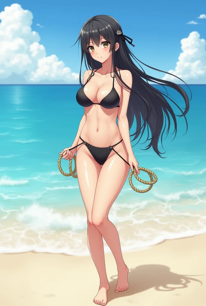 Anime girl standing on beach,Legs crossed, seductive anime girls, small curvaceous ,, Cute anime girl,Rope Bundle SM bondage, with boy on her front side , they both are doing 69 position without dress