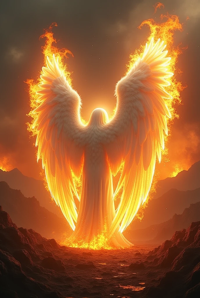 Long white angle wings on fire landscape 