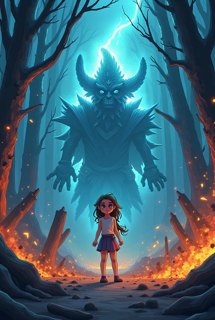 The aftermath of the battle between the girl and the witch, with the forest and the witch’s lair in disarray, and magical remnants still glowing faintly.
High resolution cartoon