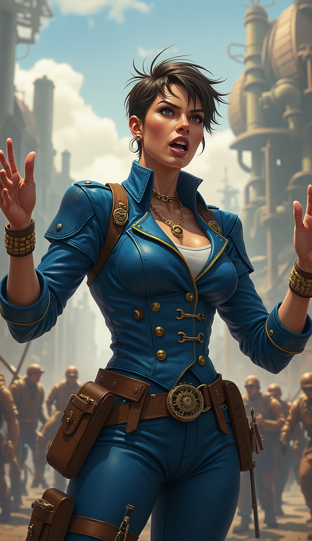 Arte em cores estilo Alex Horley, General Athletic Lined Woman Steampunk, trajando farda Azul, Dynamic shouting orders, Steampunk war scenario, Ultra HD images definition 3840x2160.