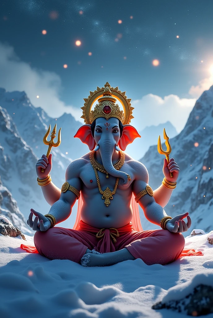 cinematic animated character art, shillouete of indian elephant headed Lord ganesh meditating in Himalayas, red dhoti, strong arms, body covered in white ash, wearing detailed golden crown and armbands, multiple hands, divine glow in background, holding a trident, strong snow Blizzard, snowfall, night sky, glowing fireflies, milkiway galaxy in background, darkness in atmosphere, colour graded, vibrant, 4khd, realism