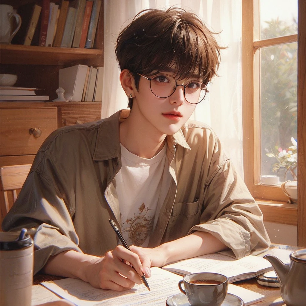 high resolution, best quality, realistic textures, brown hair, brown hairอ่อน, Uneven bangs, Crescent Moon Earrings, fun / be happy, Brown eyes character design, illustration, decorative arts, Anime, Wear glassesบนใบหน้า,Wear glasses