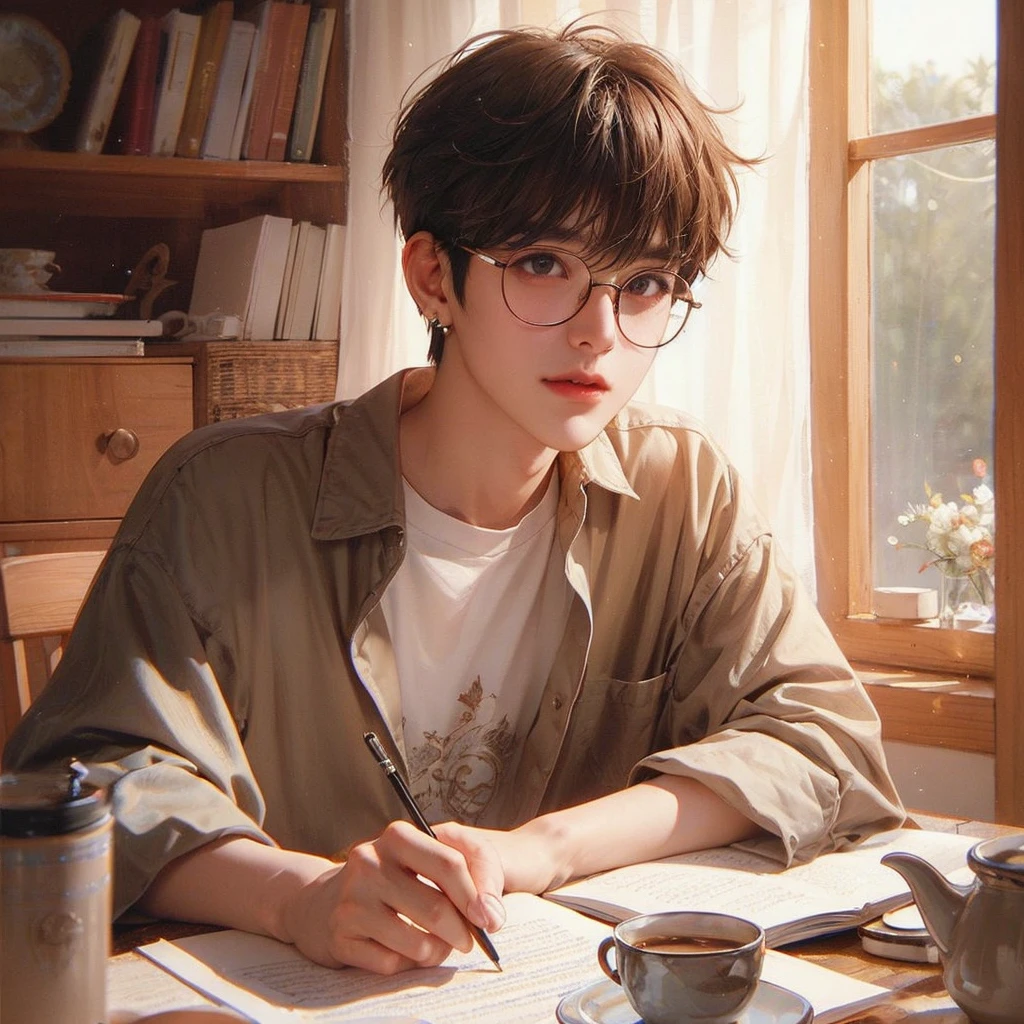 high resolution, best quality, realistic textures, brown hair, brown hairอ่อน, Uneven bangs, Crescent Moon Earrings, fun / be happy, Brown eyes character design, illustration, decorative arts, Anime, Wear glassesบนใบหน้า,Wear glasses