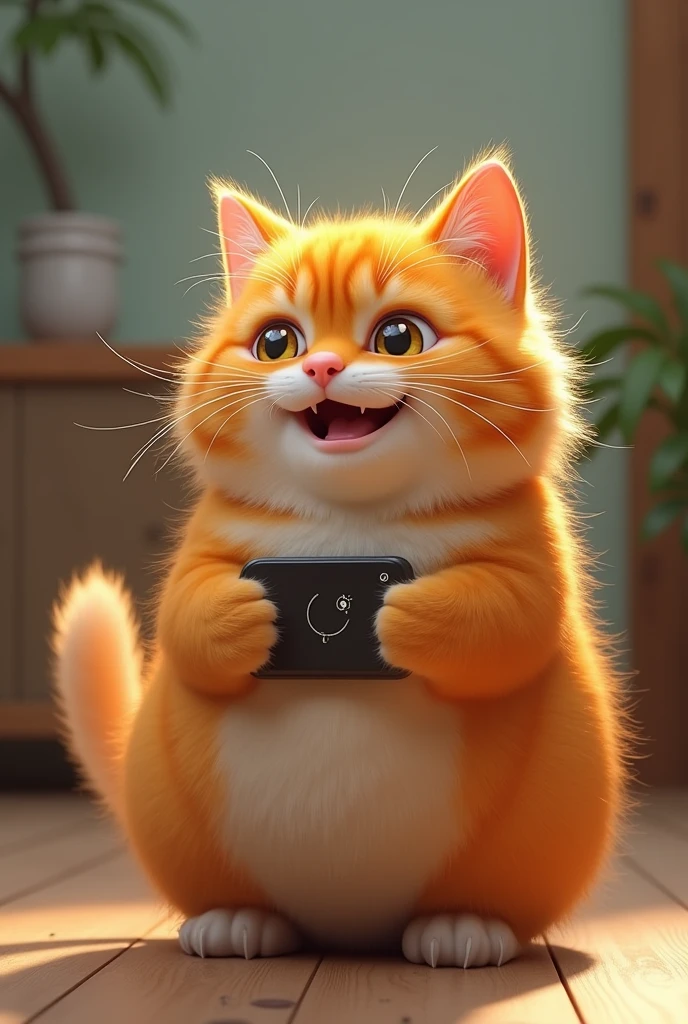 A orange, realistic, chubby cat is changing, Because His Mobile charge is low, emotions-Happy, Expression-smiling,