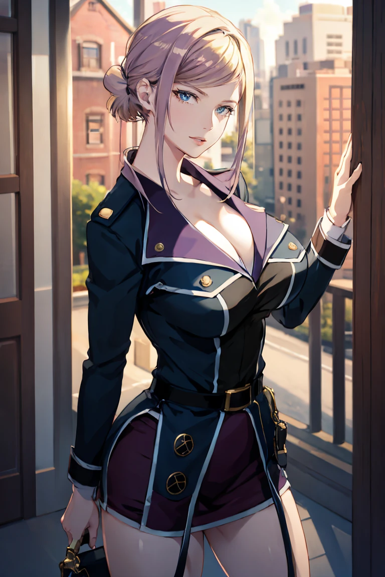 masterpiece, ((millitary uniform)), ((cleavage)) (best quality), (solo), 1girl, , blonde hair, purple hair , (short skirt), blue eyes, sexy woman,  hair ornament, vibrant colors , natural lighting, RTX, (huge tits), (detailed face:1.2), (perfect eyes:1.1) ,(photorealistic:1.1), 8k uhd, looking a viewer, outdoors, simple backround, smile, (upper body), standing pose, 