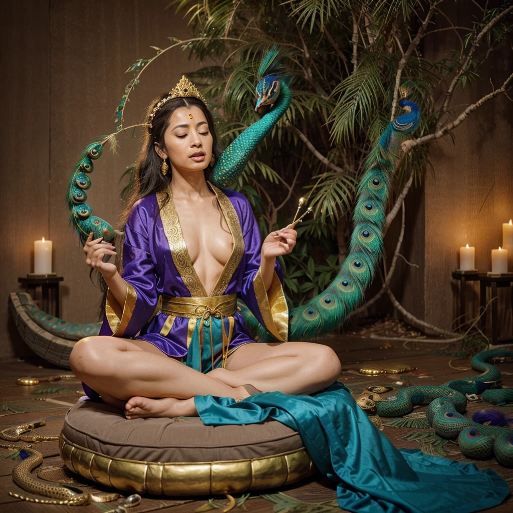 A zen master chanting at flute. She is dressed in a colorful robe with peacock feathers and gold. He is levitating and snakes are all around him listening to his chanting
