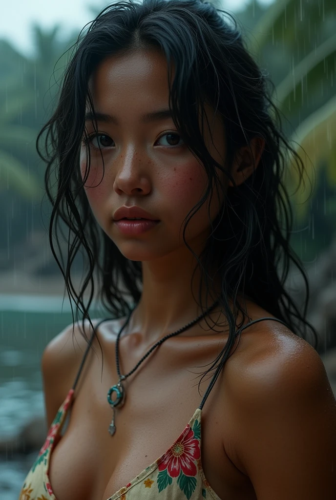 (masterpiece, photorealistic:1.4, extremely intricate:1.3), (photon mapping, radiosity, physically based rendering, ultra resolution, hyper-realistic, 8K), ((((closeup necklace, wet white t-shirt, tied, humid, [medium breasts:large breasts:0.3], abdominal muscles, pokies. smirking, aloof, Hawaiian girl)), humid, [skin detail:freckles:0.7], natural, 19 year teenage supermodel, [dark hair:red hair:0.7]), dark room, ((outside, outdoors, Hawaiian palm trees, raining, rain, dim, dark sky, windy, wet hair, faraway waterfall)))
