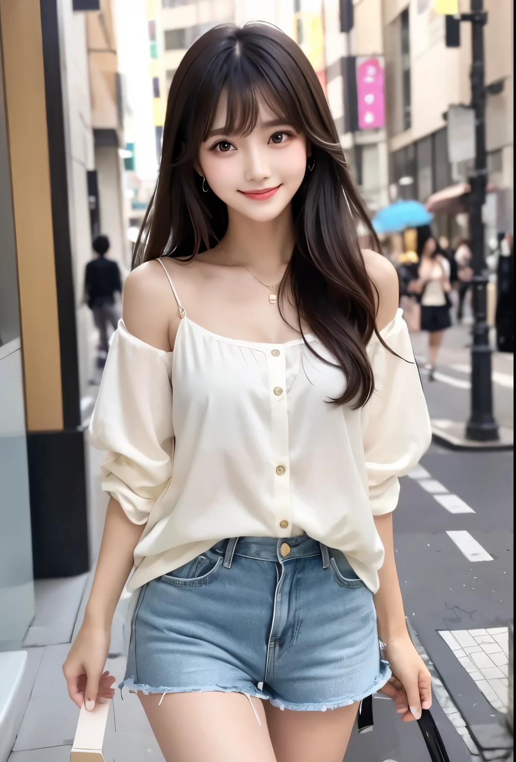 masterpiece、Highest quality、whole body、One Girl、bangs、Japanese、Long Black Hair、Long Hair、Shorts、smile、alone、Stylish woman、Pastel colored outfits、front、Luxury background elements、Confident expression、Modern and trendy、Fashion focus